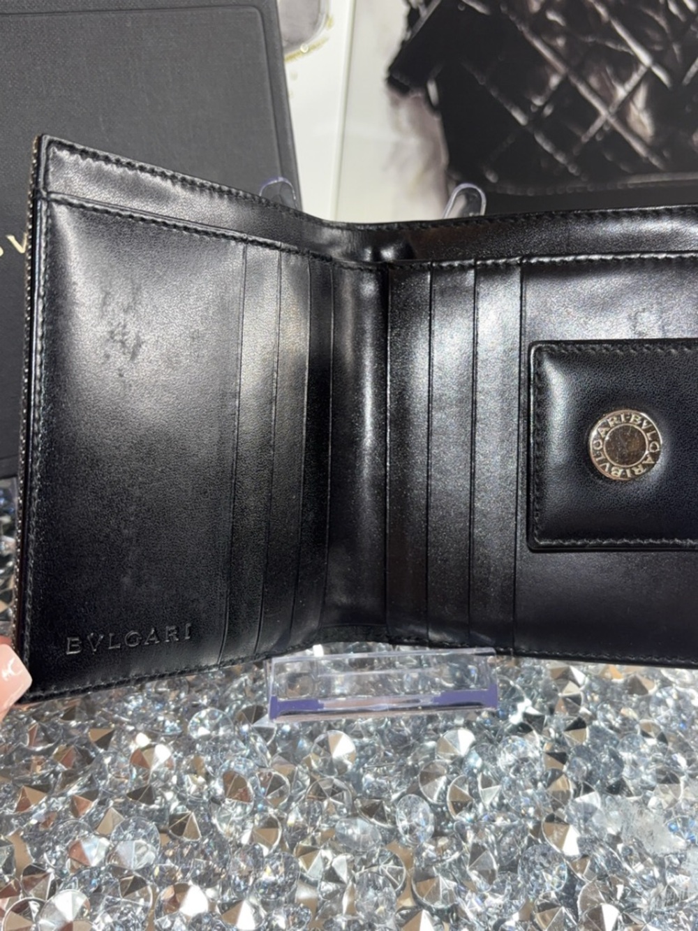 BVLGARI Logo Mania Bifold Wallet made of black denim-like canvas & leather EUC - Picture 6 of 17